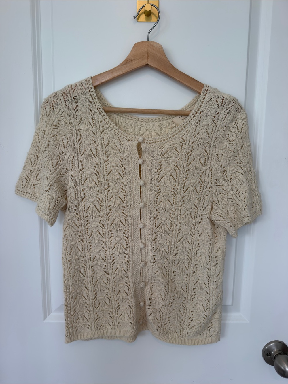 Sezane Cream Crochet Knit Short Sleeve Cardigan MILANE cream